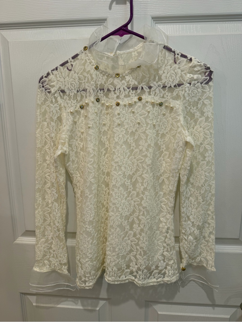 Vintage Ivory Lace Long-Sleeve Blouse with Pearl and Gold Trim
